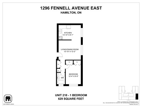 A floor plan for a 1 bedroom apartment at 1296 Fennell Avenue East, Hamilton, Ontario.